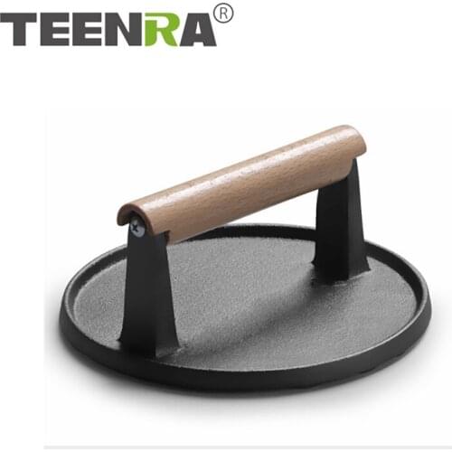 TEENRA Round Steak Plate Meat Wooden Handle Fried Meat Barbecue Press Plate Cast Iron Squid Fried Steak Plate BBQ Tools