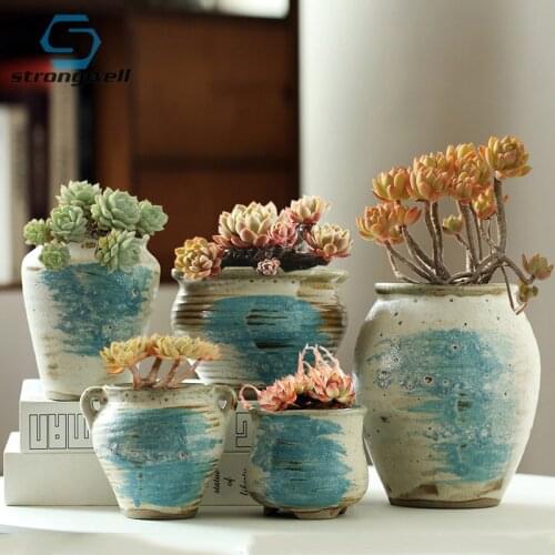 Vintage Handmade Stoneware Pile Succulent Flower Pot Ceramic Home Garden Splash Ink Bubble Glaze Stoneware Green Planting