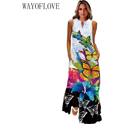 WAYOFLOVE Rainbow butterfly Print Dress 2021 Elegant Casual Plus Size Long Dresses Summer Beach Sleeveless Girl Maxi Dress Women