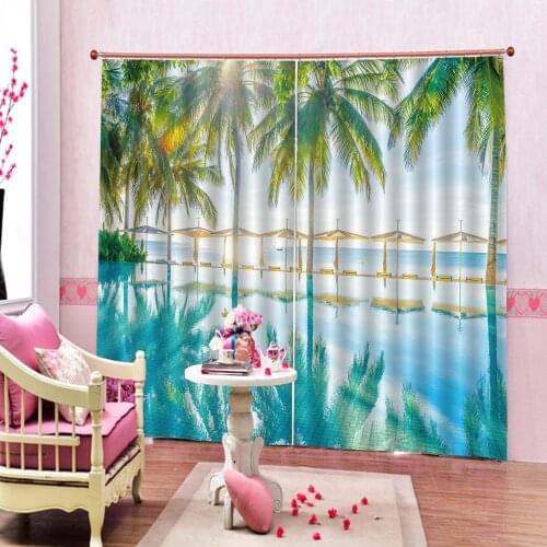 Sandy Beach Coconut Tree Seascape Printing Curtain Print For Living Room Bedroom Hotel Blackout Drapes Cortinas Sets
