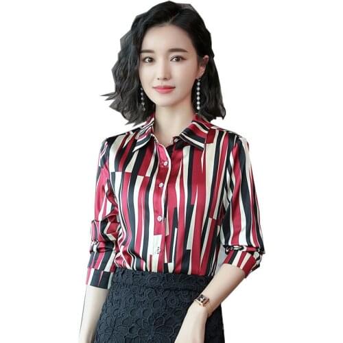 Women Faux Silk Spring Autumn Style Blouses Shirts Lady Casual Long Sleeve Turn-down Collar Blusas Tops DD8120