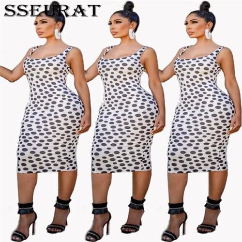 SSEURAT Women Dress Sexy Sleeveless Dresses Summer Dot Print Skinny Party Mid-calf Dress Vestidos