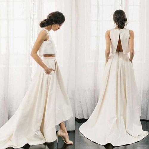 2020 Gorgeous Satin Boat Neck Two-piece Wedding Dress High Low Wedding Bridal Gowns Opne Back Vestidos de Noiva