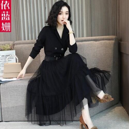 2021Lace mesh stitching dress 2018 autumn new Korean slim stylish long sleeve long Hong Kong style skirt