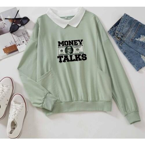 Cotton Sweatshirts Vintage Hoodies Ladies Pullover with Pockets Turn Down Collar Sweater Letter Print Full Sleeve Loose Moletom