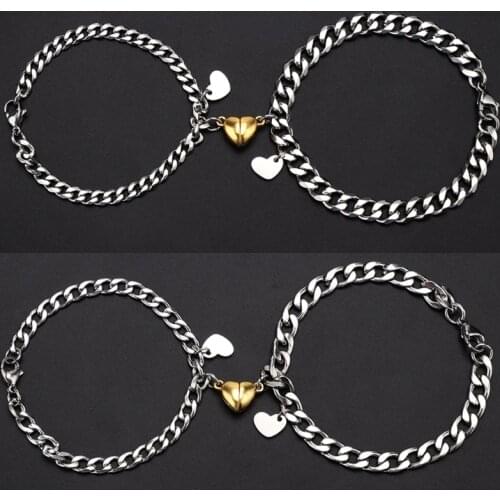 K3ND Stainless Steel Cuban NK Love Magnet Titanium Steel Couple Bracelet Gold Heart-Shaped Magnet Bracelet for Women Men