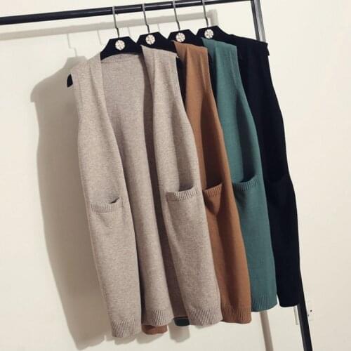 2020 Solid Color Loose Long Coat Female Autumn Sleeveless Knitted Vest Women Korean Fashion V-neck Ladys Sweater Wool Cardigan