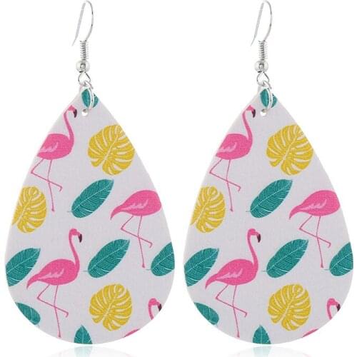 Summer New Flamingo Print Teardrop Leather Drop Earrings Hot Selling Cartoon Print PU Leather Drop Earrings Wholesale