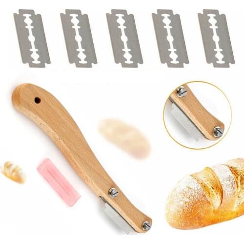 Bread Lame with Wooden Handle Bread Slashing Tool Bread Slicer Cake Cutter with Plastic Protective Cover 5 Blades