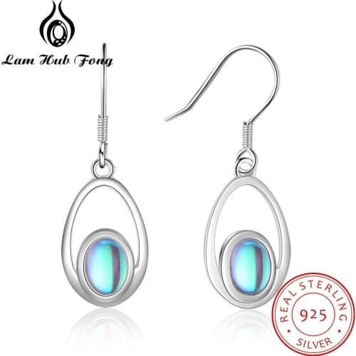 Trendy 925 Sterling Silver Moonstone Drop Earrings Rainbow Hollow Water Dangle Earrings for Women Fine Jewelry (Lam Hub Fong)