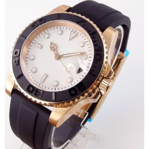 Fashion Japan 24 Jewels NH35 40mm Rose Gold Watch Case Automatic Mens Watch Miyota Brushed Ceremic Bezel Rubber Band