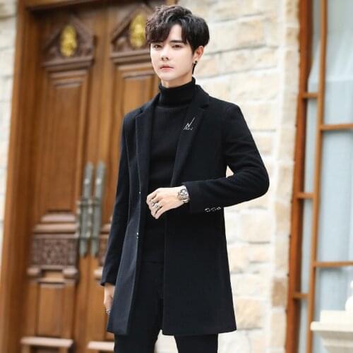 Fashion Winter Mens Wool Trench Coats Slim Fit Mid-length Casual Jacket Solid Colors Business Outwear Windbreaker Men Clothing