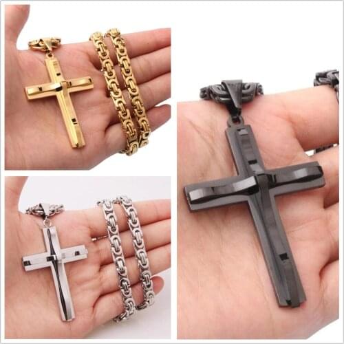 Trendy Gold Black Silvercolor 316L Stainless Steel Cross Pendant Necklace With Byzntine Chain Jewelry Gift For Cool Men Women