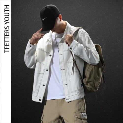 TFETTERS 2020 Autumn Winter New Denim Jacket Men Japanese Long Sleeve Solid Color Lapel Cotton Coat Fashion Hip Hop Streetwear