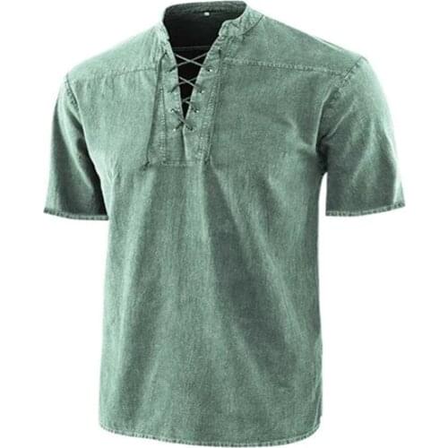 57# Mens Hip Hop Shirt Fashion T-shirt Cotton T-shirt Breathable V-neck Short Sleeve Tie Rope Top Male Streetwear Clothing