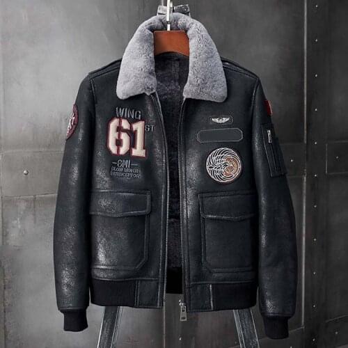 2020 New Mens Sheepskin Shearling Jacket Flight Jacket Mens Winter Coats Short Fur Coat Embroidered Jacket Black Leather Jacket