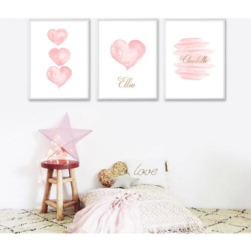 Watercolor Pink Heart Wall Decor Canvas Print Personalized Name Custom Poster Nursery Painting Picture Kids Room Decor No Frame