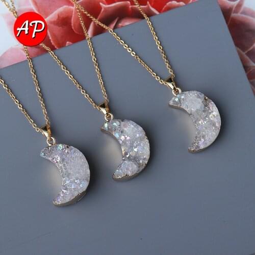 Natural Crystal Moon Pendant Superior Quality Clear Quartz Plated Rainbow 18K Gold Necklace Angel Halo Gem Gift