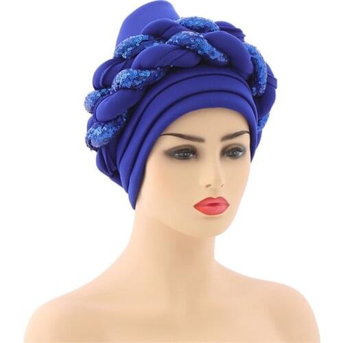 2021 NEW African Auto Geles Aso Oke Headtie Sequins Womens Turban Cap Ready Female Head Wraps Already Made Headties Wedding Hat