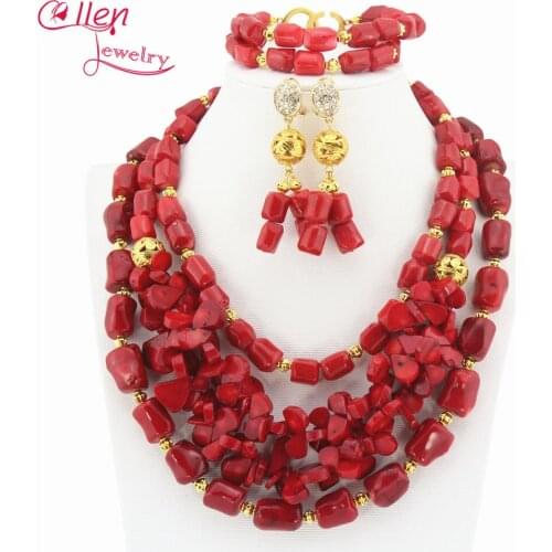 New Design Red Coral beaded Jewelry Set Coral Necklace Bracelet And Earrings nigerian Wedding African beads Jewelry Set TL1166