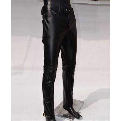 Slim fashion motorcycle leather pants men faux leather tight trousers pantalones hombre black thermal mens clothing splice