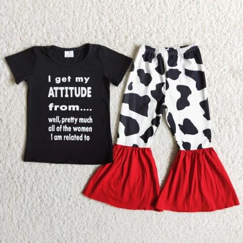 Fall/Winter Baby Girls Long Sleeve Slogan 100% Cotton Shirt Milk Cow Bell Bottom Pants