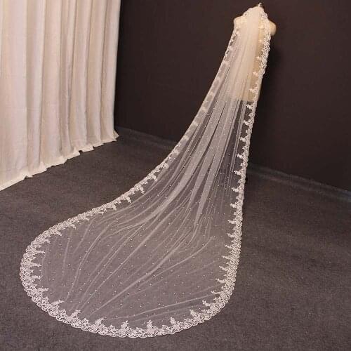 Luxury Pearls Wedding Veil with Lace 3.5 Meters Long Bridal Veil with Comb One Layer Ivory Bride Veil Wedding Accessories