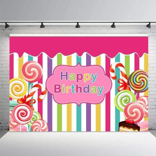 Pink Photo Studio Background Girl Happy Birthday Princess Colorful Stripes Candy Cake Party Banner Photography Backdrop Dessert