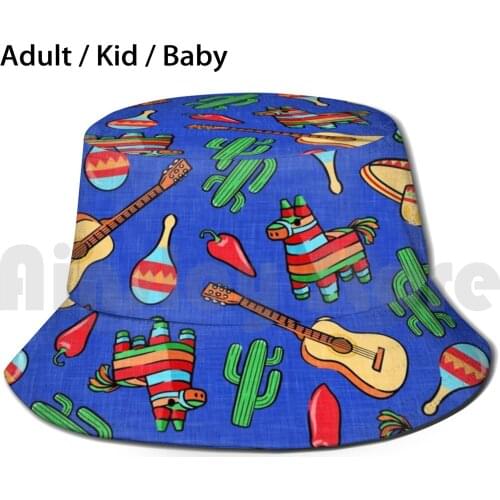 Fiesta - Blue Sun Hat Foldable UV Protection Mexican Fiesta Mexico Sombrero Maracas Cactus Chili Pepper Pinata Guitar
