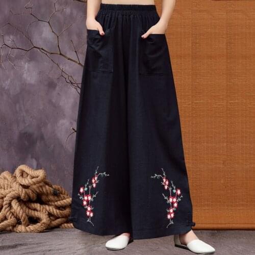 Chinese Style Bottom For Women Cotton Linen Pants Woman Orient Embroidery Loose Wide Leg Trousers Breathable Casual Outfit 30749