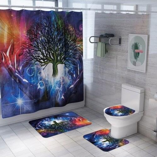 Mysterious Magic Palm Tree Print Polyester Shower Curtain Bathroom Waterproof Pedestal Rug Lid Toilet Cover Bath Mat Set