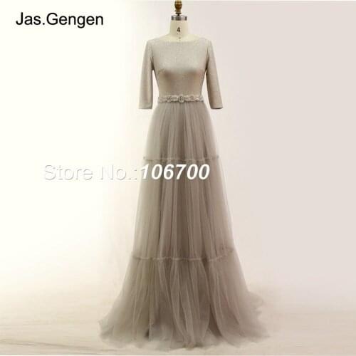 Silver Thread Jersey vestidos de fiesta longo Prom Dress Peplum Rhinestone Crystal Pleat Tulle Half Sleeves Evening Gowns 1118b
