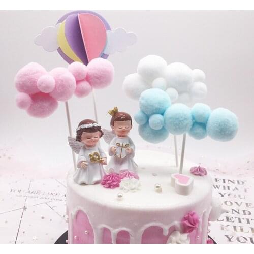3PCS Pink Blue Soft Pompom Cloud Cake Topper Happy Birthday Wedding Decoration Cake Flags Decorations Supplies Baby Shower Decor