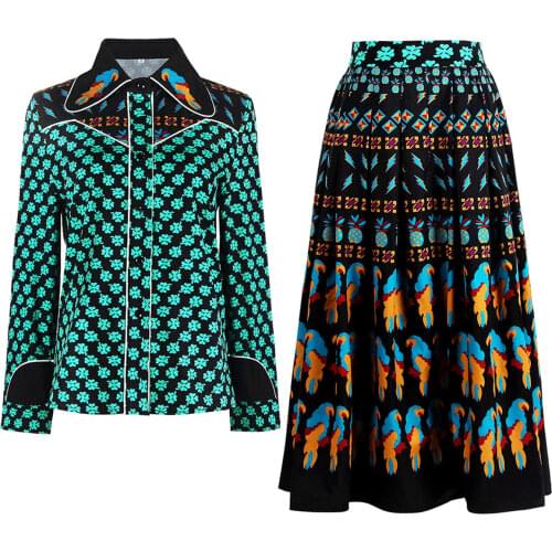 S-4XL High quality summer and autumn ladies new temperament printing lapel long-sleeved shirt Slim pleated long skirt suit