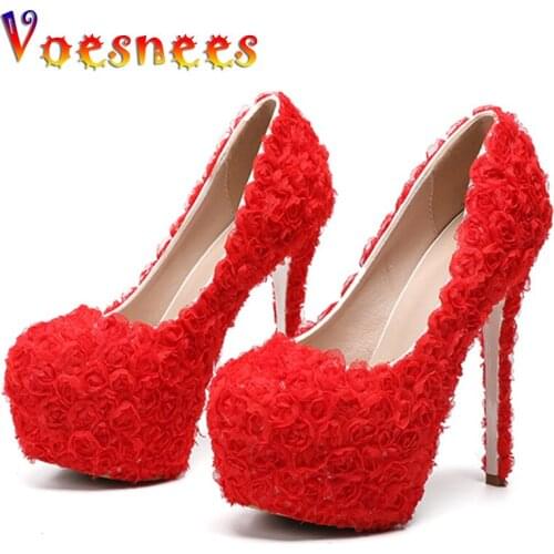 2019 HOT White Rose Flower Lace Wedding Shoes High Heel 14CM Bridal Shoes Princess Pumps Platform Shoes Women Plus Size 34-43