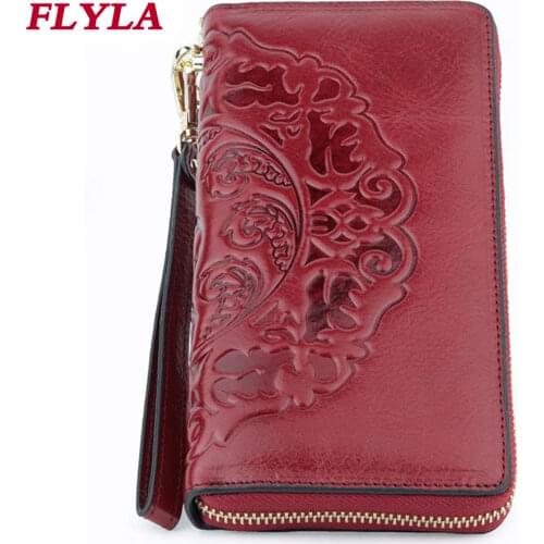 100% Genuine Leather Wallet Women 2021 New Large Capacity Luxurious Oil Waxing Leather Flower Large Capacity Long Ladies Purses