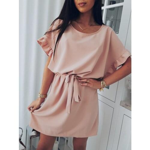 2018 New Fashion Womens Casual O-Neck Batwing Sleeve Ruffled Belt Dresses Elegant Loose Dress Ladies Beach Mini Female Vestidos
