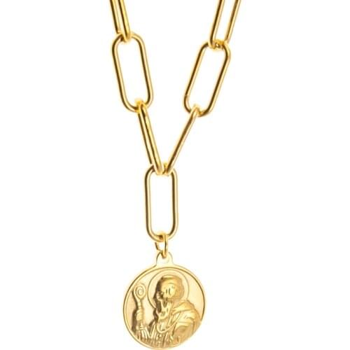 100% Stainless Steel St Benedict Medal Pendant Necklace For Women Medalla San Benito Metal Lock Chain Necklace Religiosas