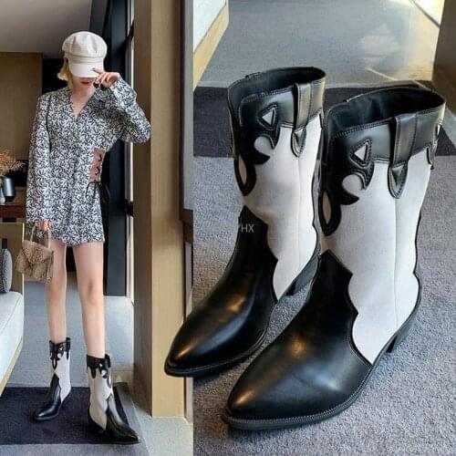 2021 Female Autumn White Cowboy Vintage Western Ankle Short Cowgirl Boots Retro High top Shoes With Heel for Women Girl