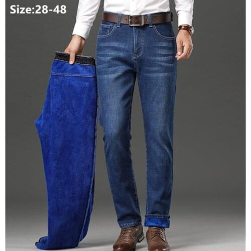 Men Jeans Winter Fleece Mens Pants Warm Slim Fit Stretched Velvet Jean Large Blue Black Plus Size 40 42 44 46 48 Denim Trousers