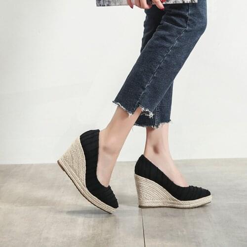Espadrilles Womens Wedge Sandals 2021 Spring Autumn New Shallow Mouth High Thick-heeled Platform Shoes Womens Straw Woven
