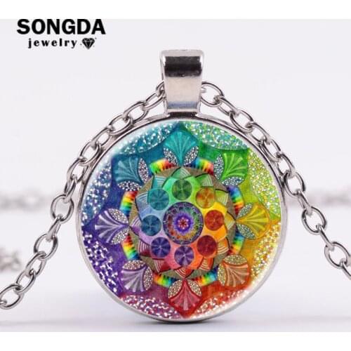 SONGDA Classic Flower of Life Buddhist Necklace Om Yoga Mandala Art Photo Glass Cabochon Pendant Choker Sacred Geometry Jewelry