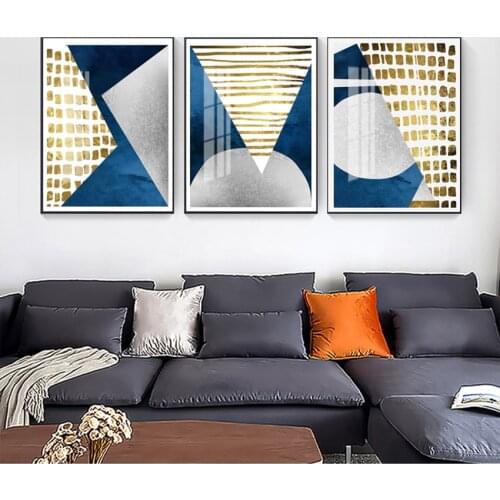 Picture for Living Room Unframed Abstract Blue Gold Moon Painting Geometry Mountain Canvas Poster Art Wall