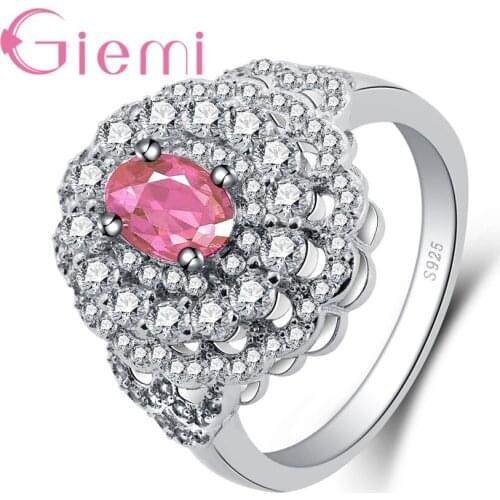 Fashion Big Flower Shape With Pink Oval Crystal 925 Sterling Silver Geometric Ring With Full Cubic Zirconia