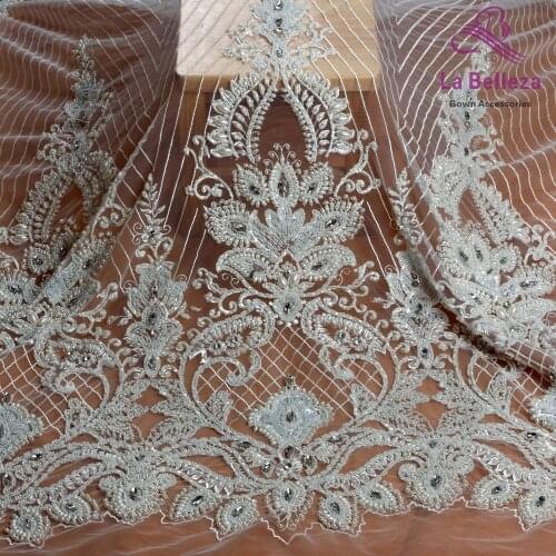 La Belleza 1 yard heavy handmade beaded lace fabric crystal lace ivory/gold/navy/red wedding dress lace fabric 49'' width