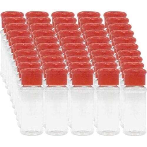 Set of 50 Empty Plastic Spice Bottles for Storing Barbecue Seasoning Salt Pepper Etc. 100Ml / 3.3Oz, Red