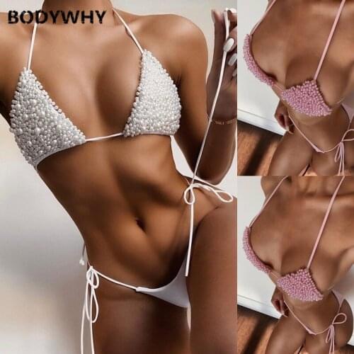 2020 Summer New Womens Pearl-shaped Bikini Sexy Thong Swimsuit Solid Color Strap Bikini Bathing Suit Women