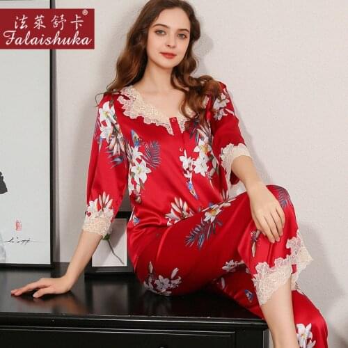 19 Momme 100% genuine silk Flowers pajamas sets women sleepwear Korean sexy red Elegant fashion pure silk womens pyjamas T8257