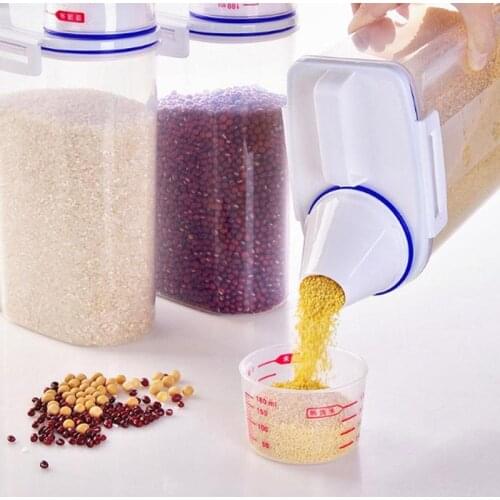 Japanese Plastic Cereal Container Storage Rice Bucket Seal Clear Food Storage Cans with Sugar Measuring Dry Cup Flour Large V8B5