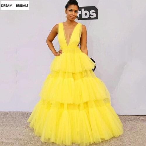 Soft Yellow Tulle Red Carpet Celebrity Dresses A-Line Tiered Pleat Formal Arabic Party Dresses Abendkleider 2019
